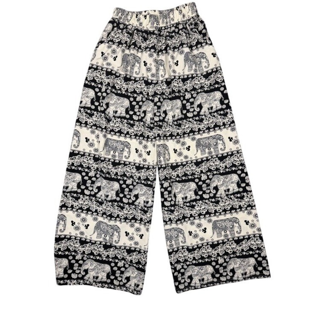 Elephant‎ Print Wide Leg Boho Pants Black White Smocked Waist Festival Culottes